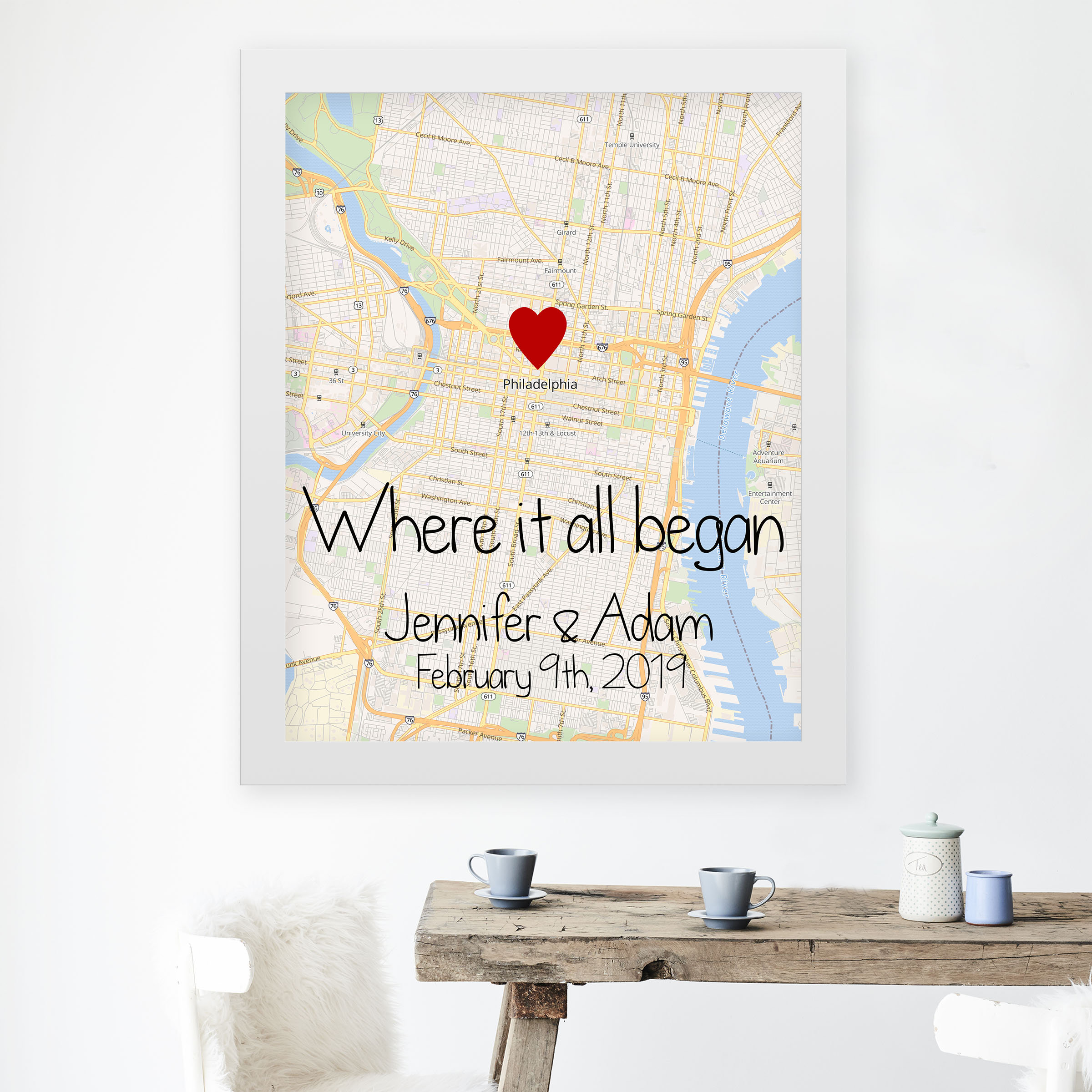 Where it all began map framed print, Map print, Personalized framed print,  Anniversary Gift, Any map art, Wedding gift, Engagement gift art - OC